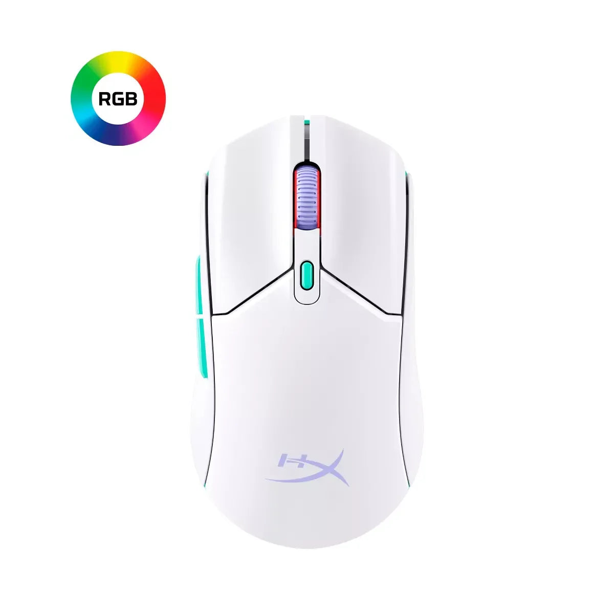 White HyperX gaming mouse with RGB lighting and green side buttons on white background