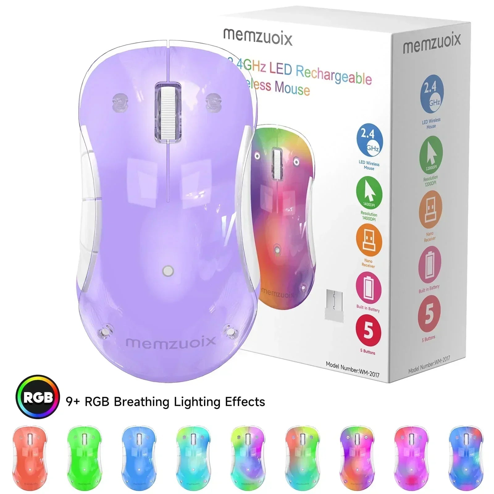 Wireless RGB gaming mouse with LED lighting effects, displayed in multiple pastel colors, shown with packaging.
