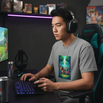 Young man gaming with headset on using keyboard and mouse, sitting in gaming chair with colorful LED-lit setup