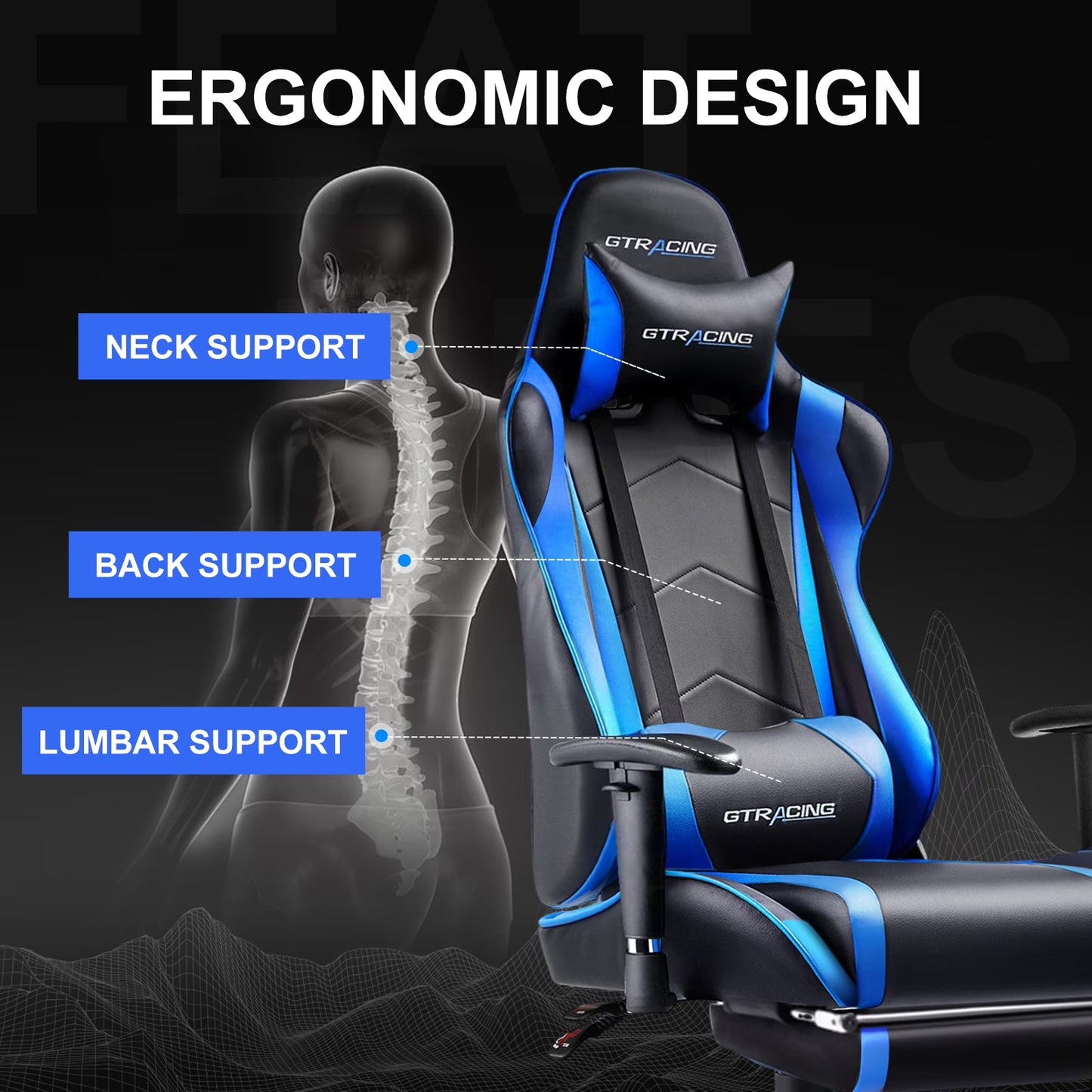Ergonomic gaming chair with neck, back & lumbar support, blue and black GTRACING design