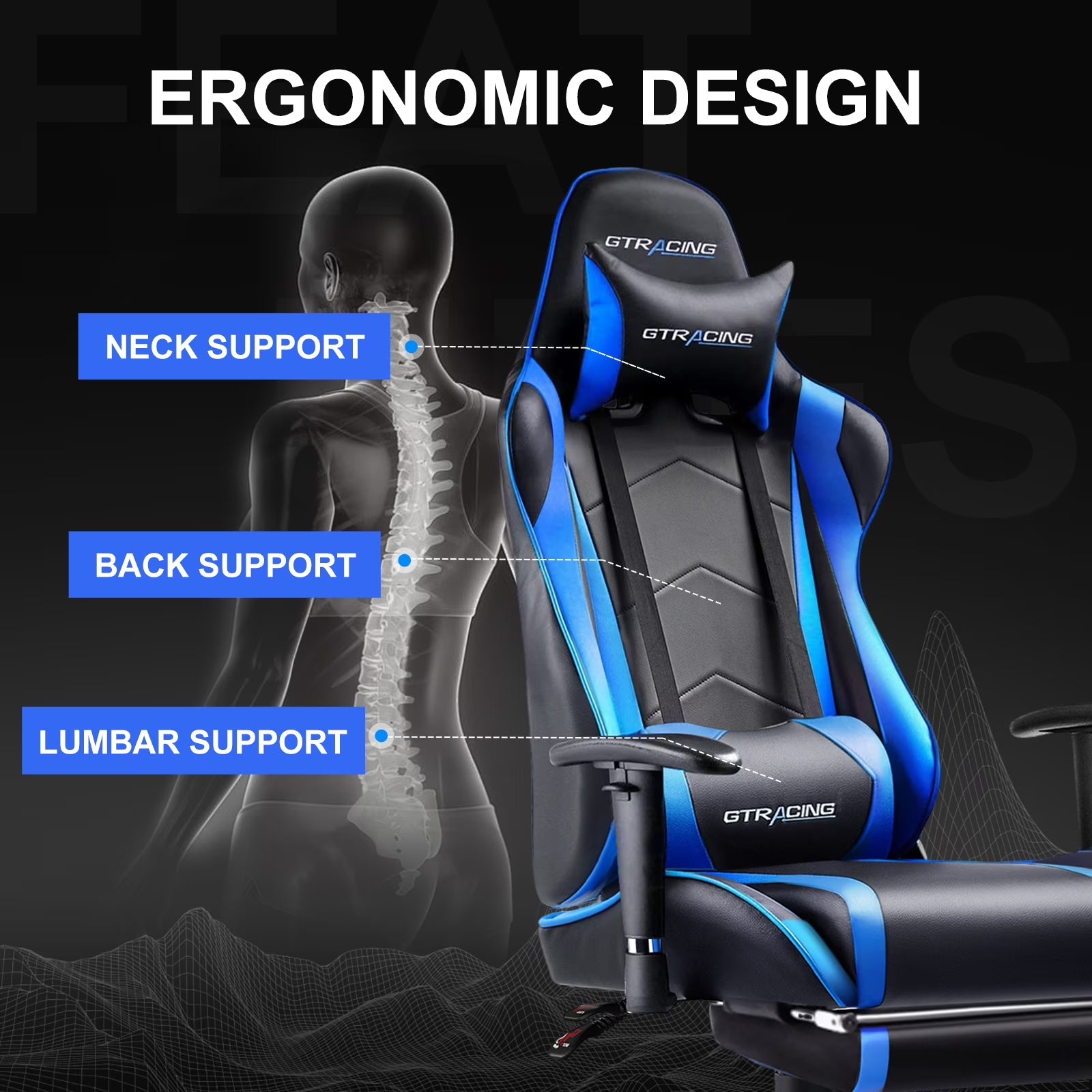 Ergonomic gaming chair with neck, back & lumbar support, blue and black GTRACING design
