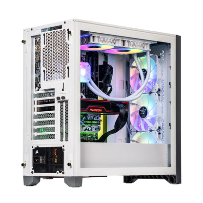 White gaming PC tower with RGB cooling fans, Radeon graphics card, and SteelLegend motherboard visible through tempered glass