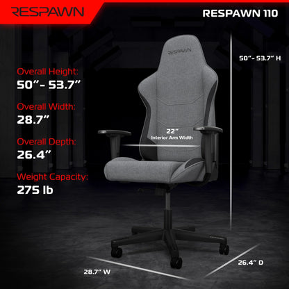 Respawn 110 grey gaming chair with adjustable armrests and measurements displayed for height, width, depth, and arm width