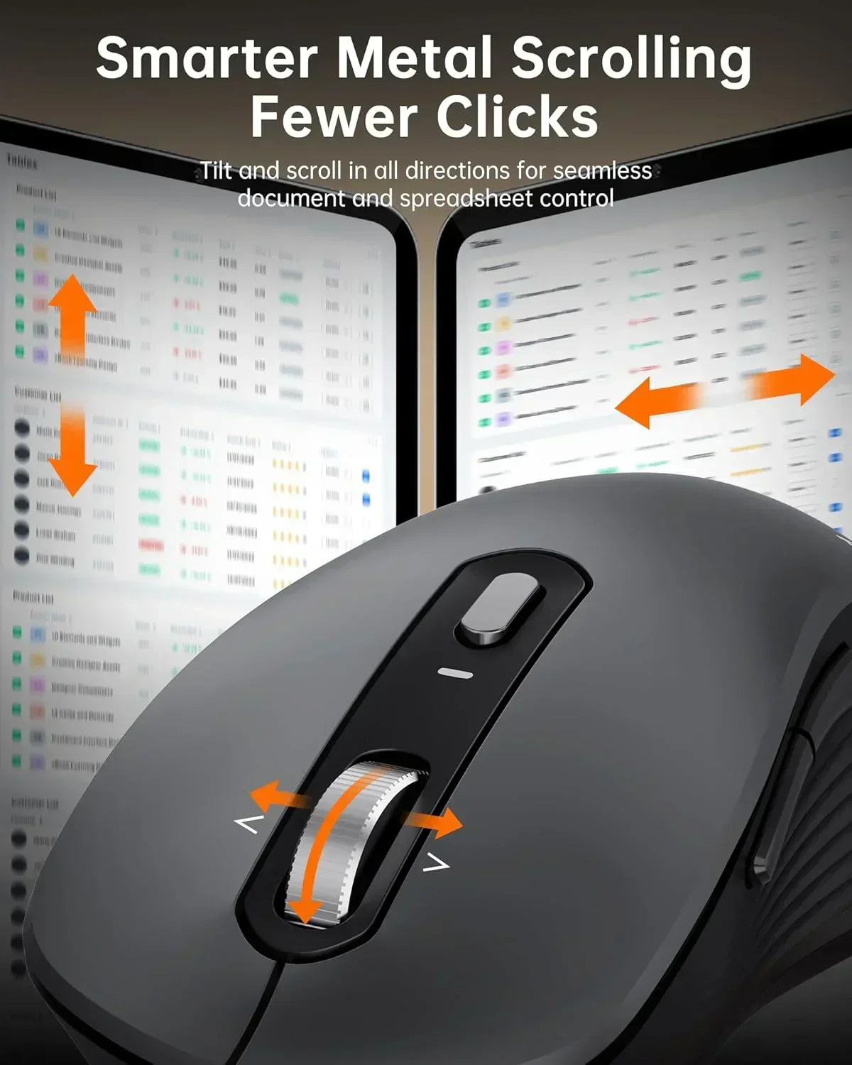 Ergonomic computer mouse with metal scroll wheel for multi-directional document and spreadsheet control