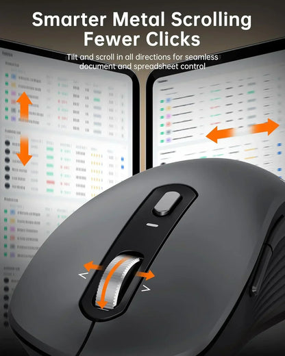 Ergonomic computer mouse with metal scroll wheel for multi-directional document and spreadsheet control