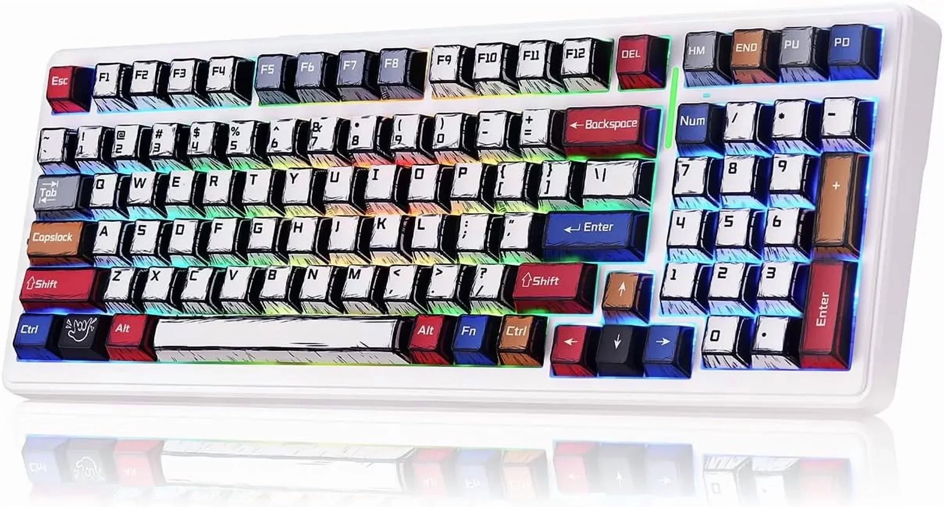 Retro 8-bit style RGB gaming keyboard with colorful keys on a white base from Byte Style