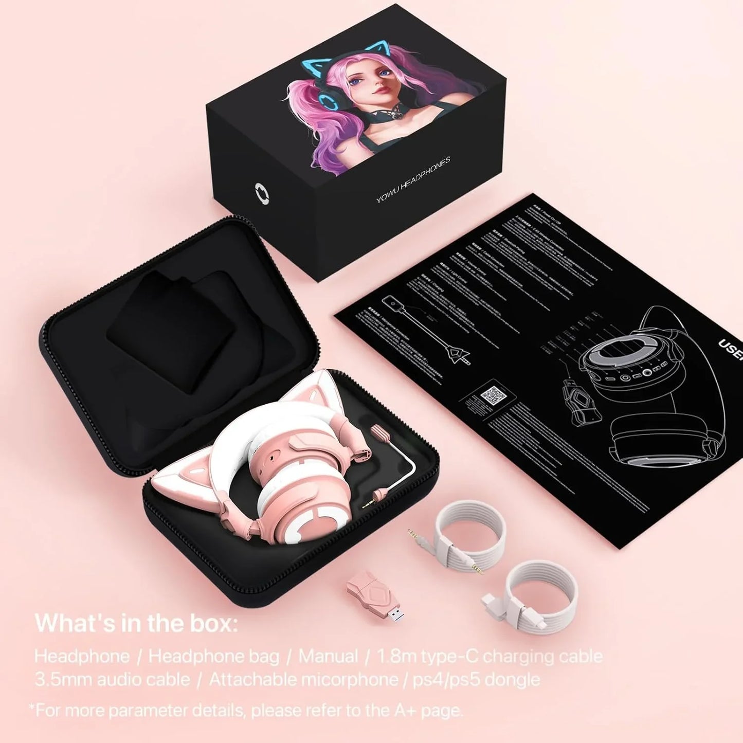 Pink and white cat ear gaming headphones with accessories and user manual on pink background