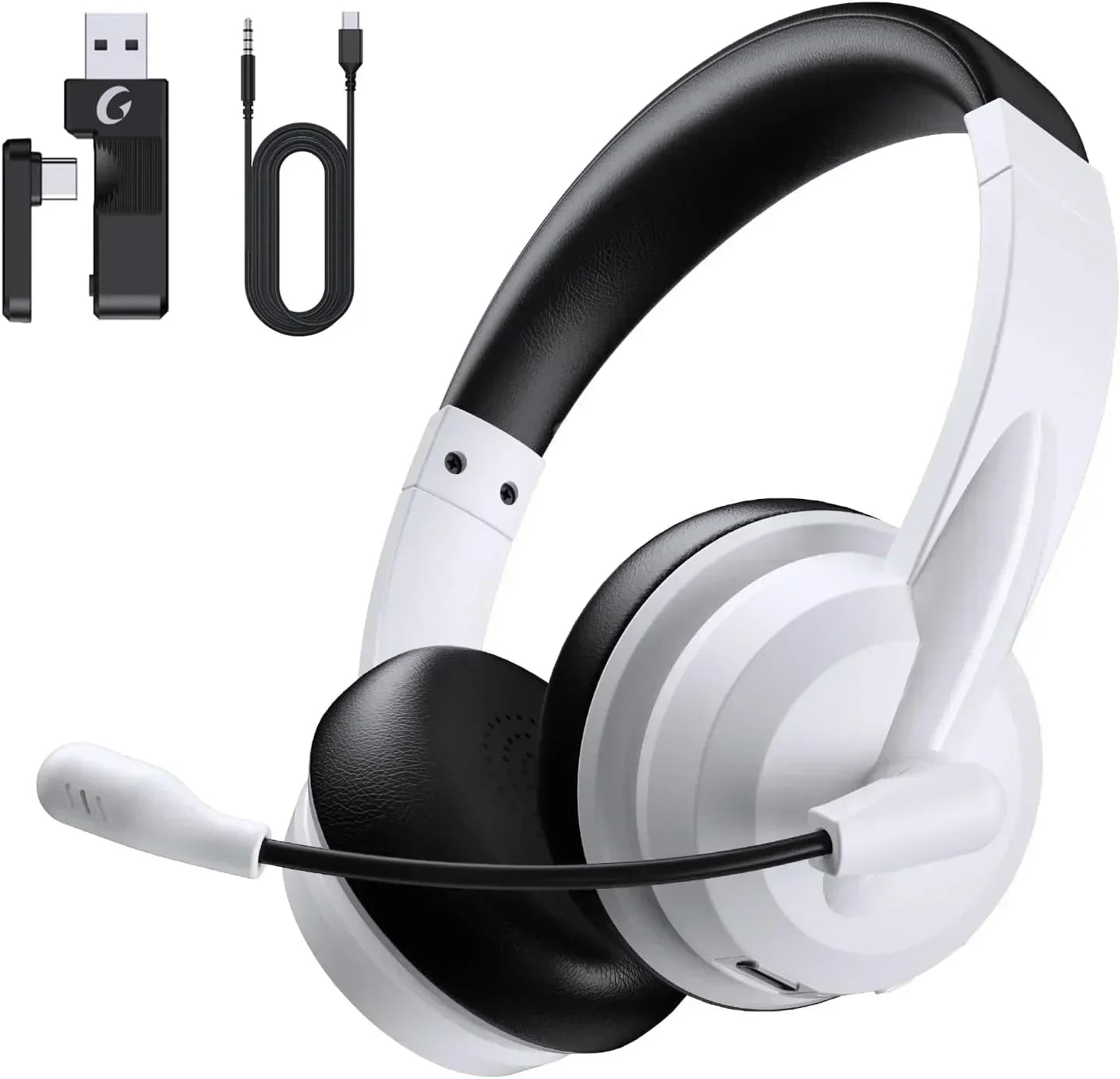 2.4Ghz Wireless Headset with Microphone for Work with AI Noise Cancelling & Mic Mute, Bluetooth V5.3 Headphones with Microphone for Computer, Mac, Laptop, Phone, Zoom, Call Center - White