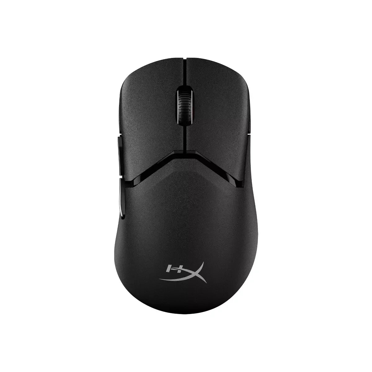 Black HyperX wireless gaming mouse with scroll wheel and side buttons on white background