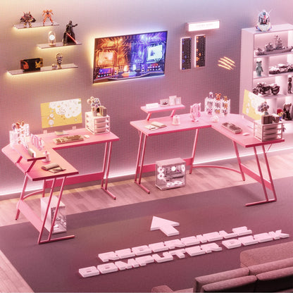 L-Shaped Gaming Desk 51.2 Inches Corner Office Gaming Desk with Removable Monitor Riser, Pink