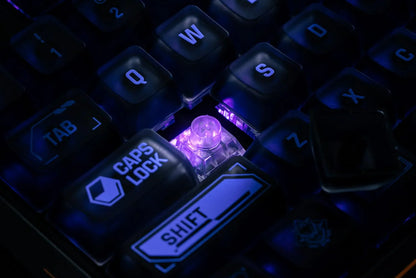 Close-up of a backlit mechanical keyboard switch with removed keycap, blue gaming lighting