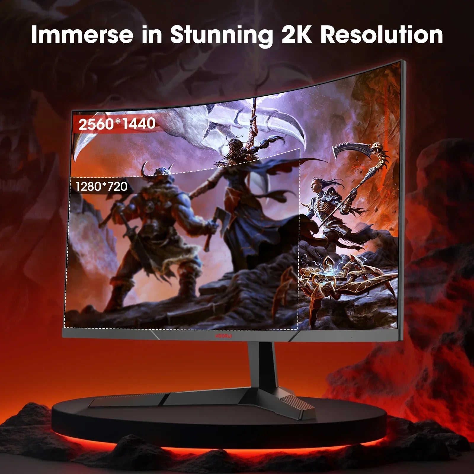Curved gaming monitor with 2K 2560x1440 resolution showing fantasy warrior battle scene