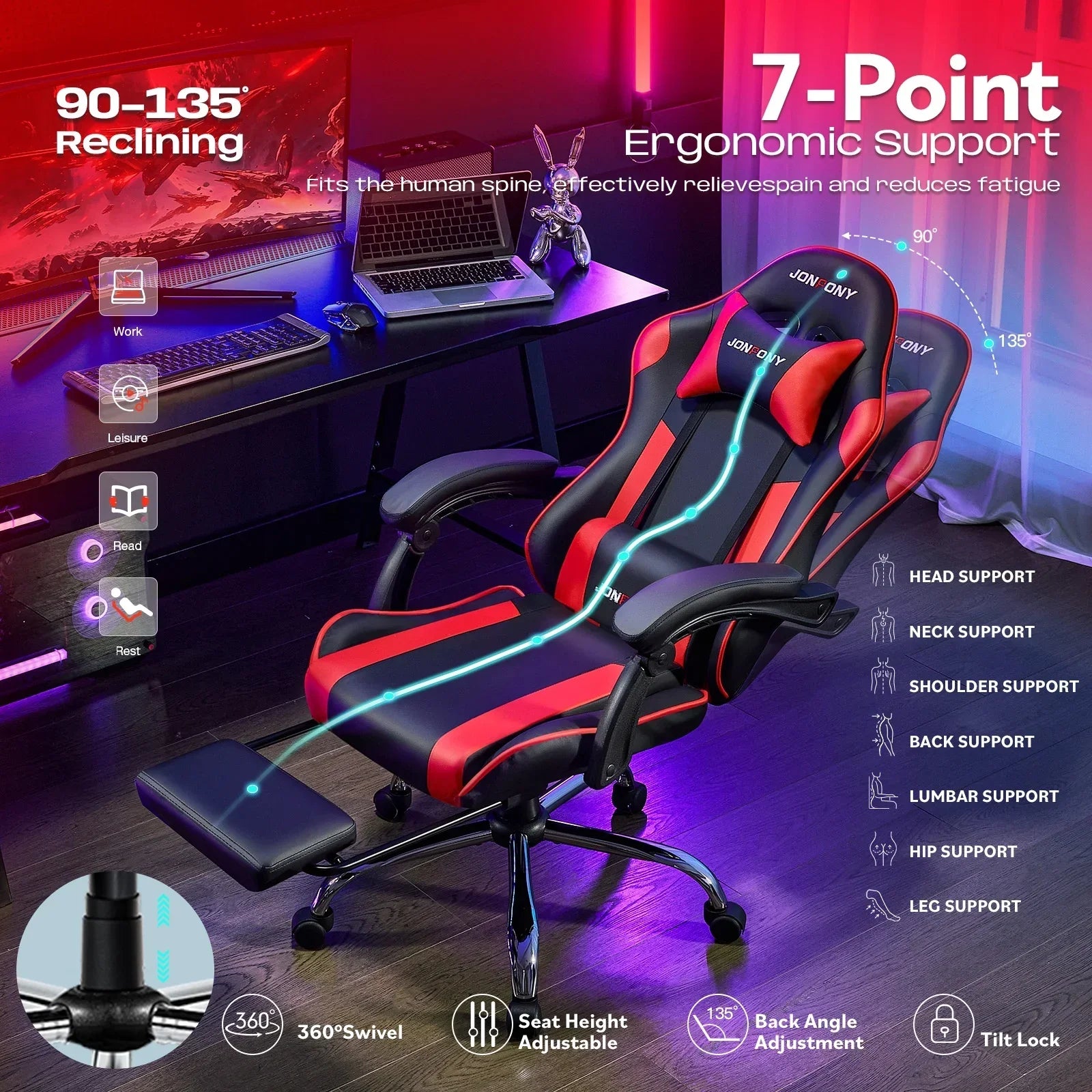 Ergonomic red and black gaming chair with 7-point support, reclining 90-135°, adjustable height, and swivel base