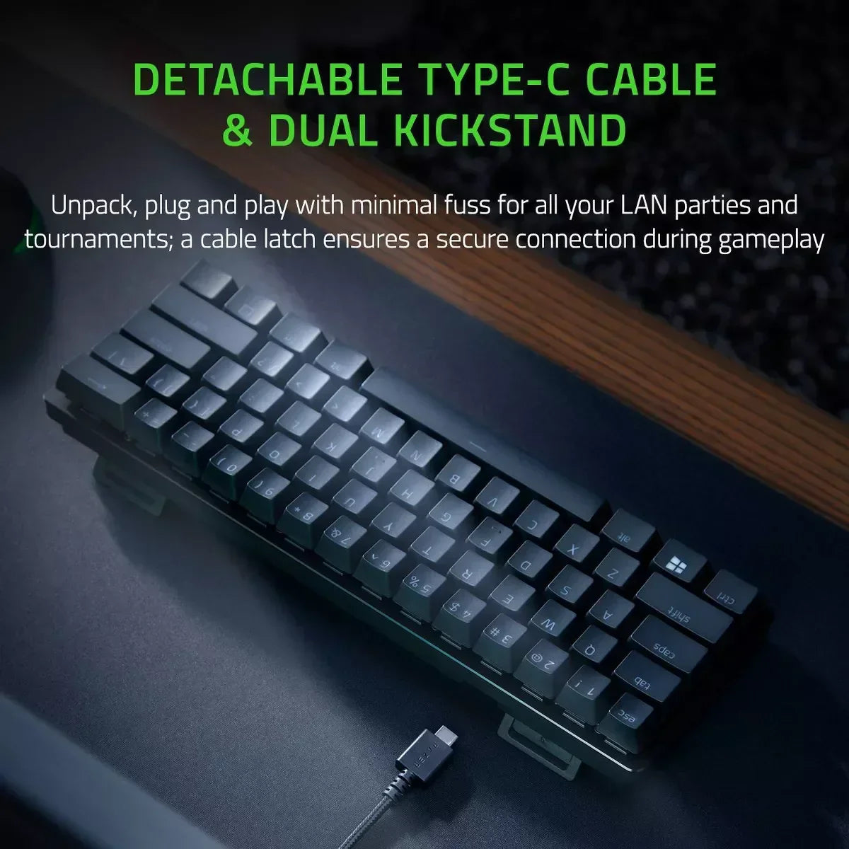 Gaming keyboard with detachable USB-C cable and dual kickstand on desk, Byte Style gear