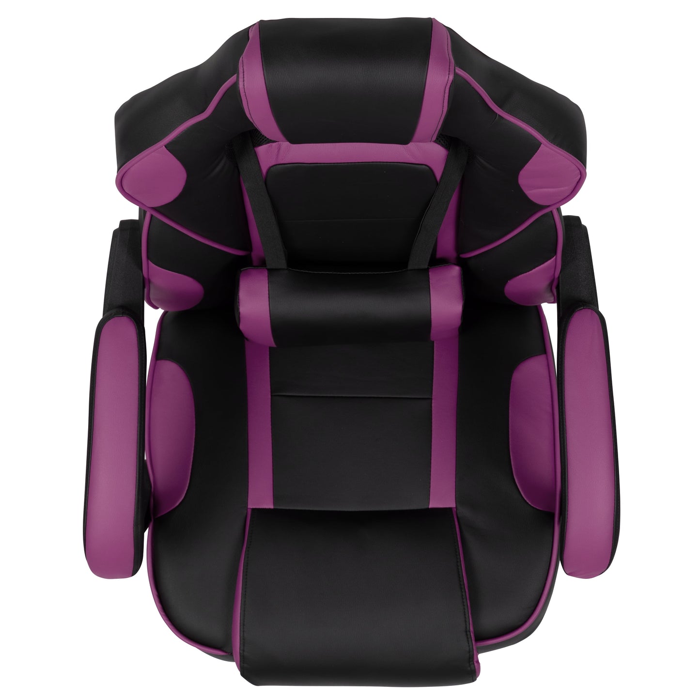 Black and purple gaming chair with ergonomic design and padded armrests for comfort during long sessions