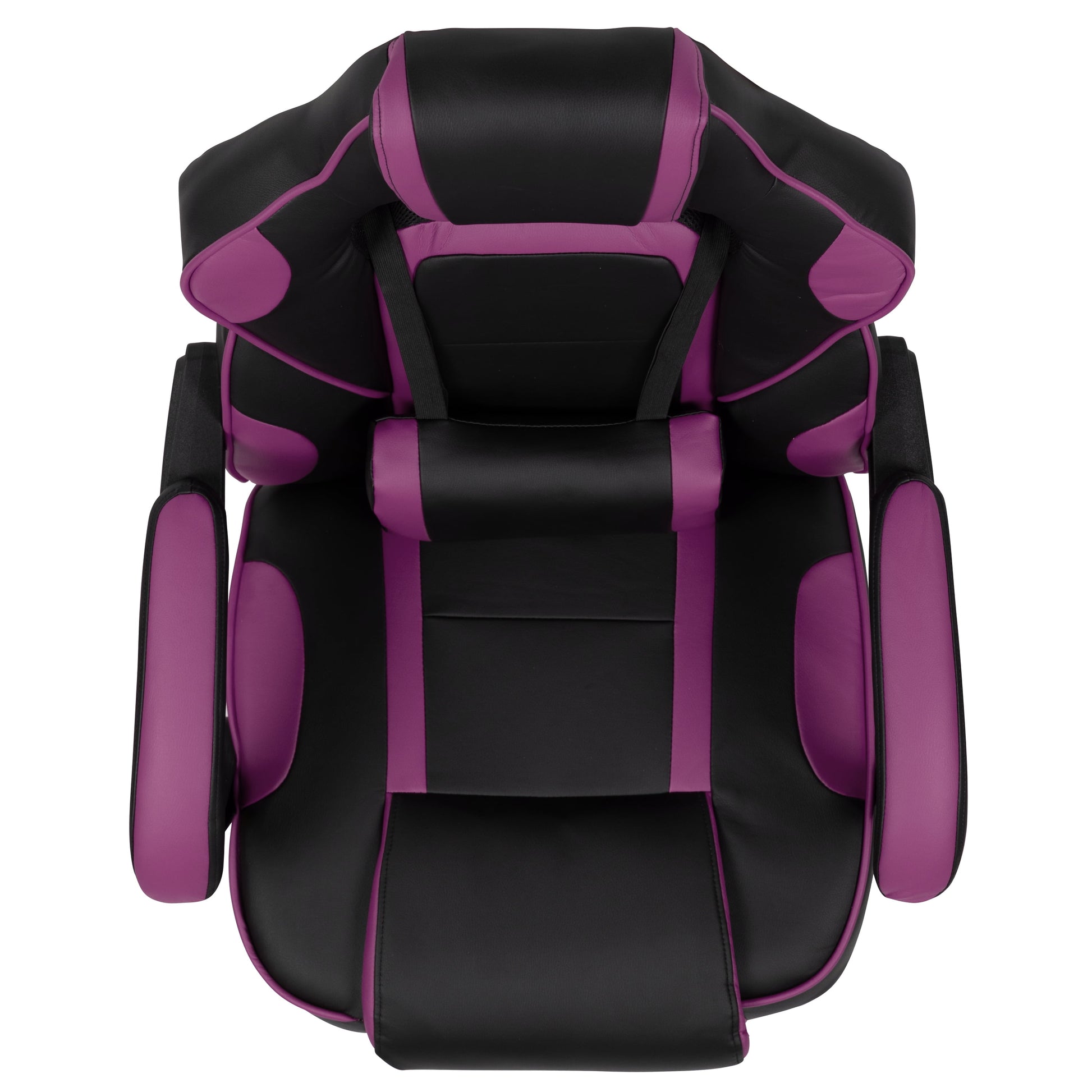 Black and purple gaming chair with ergonomic design and padded armrests for comfort during long sessions