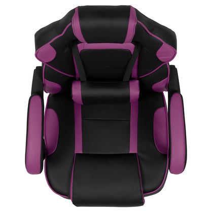 Black and purple gaming chair with ergonomic design and padded armrests for comfort during long sessions
