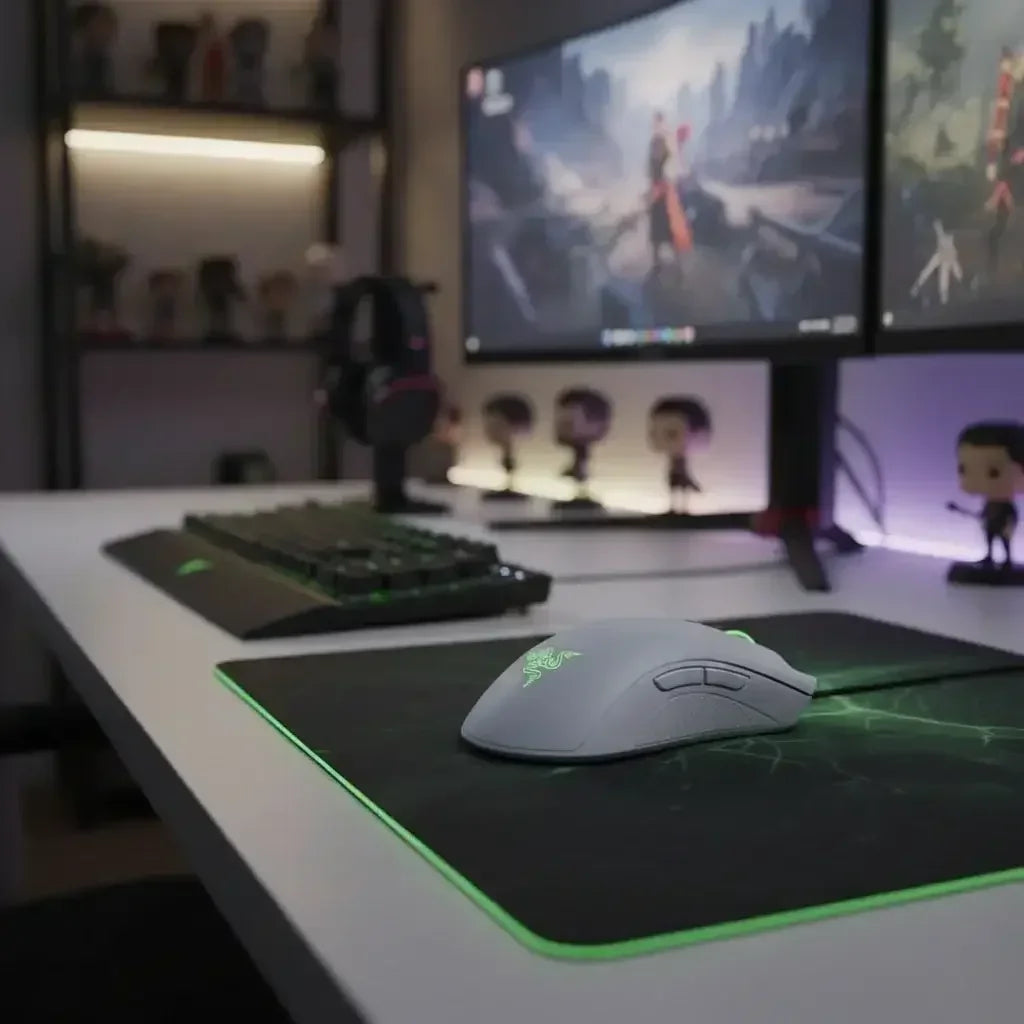 White Razer gaming mouse on green-lit mouse pad with keyboard and dual monitors displaying video game setup