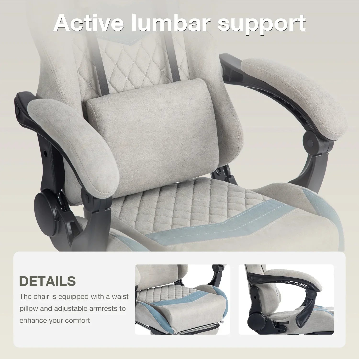 Gray ergonomic office chair with quilted seat, adjustable armrests, and lumbar support pillow