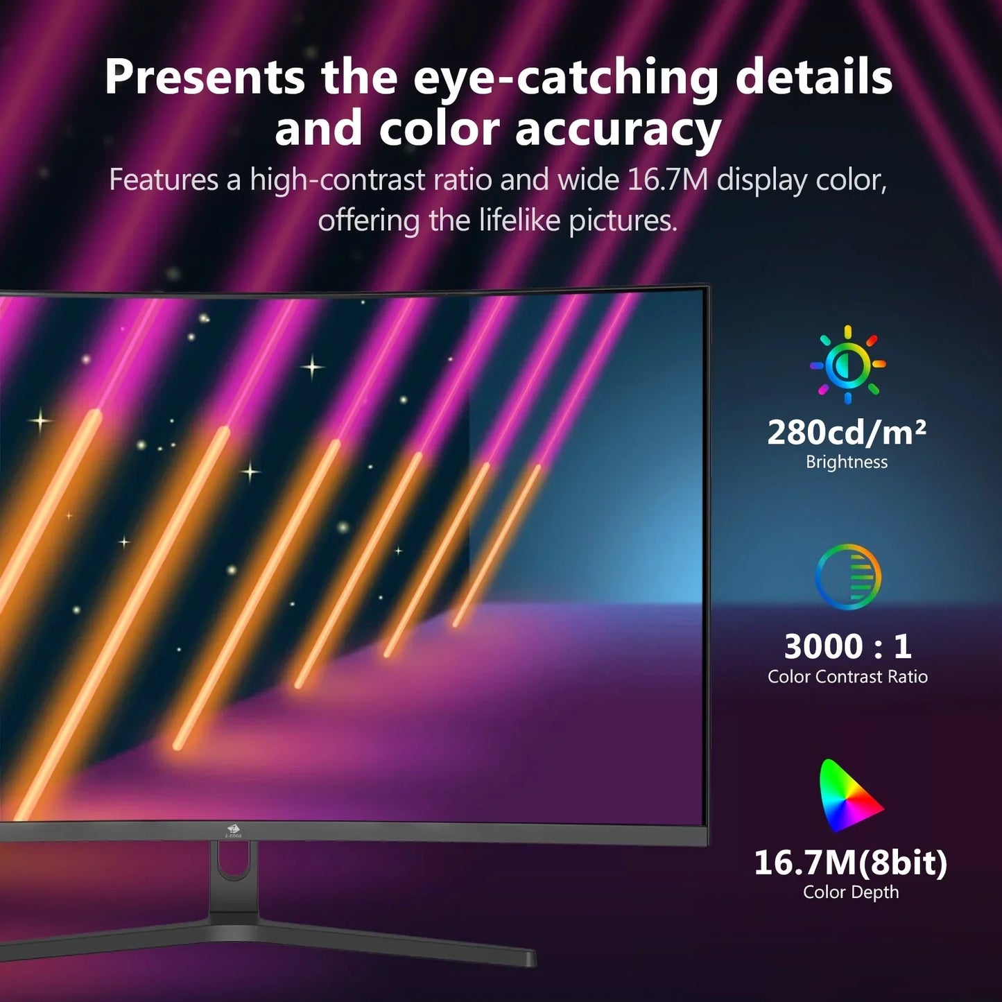 Curved high-contrast gaming monitor displaying colorful neon lines with 280cd/m² brightness and 3000:1 contrast