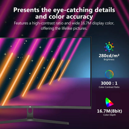 Curved high-contrast gaming monitor displaying colorful neon lines with 280cd/m² brightness and 3000:1 contrast