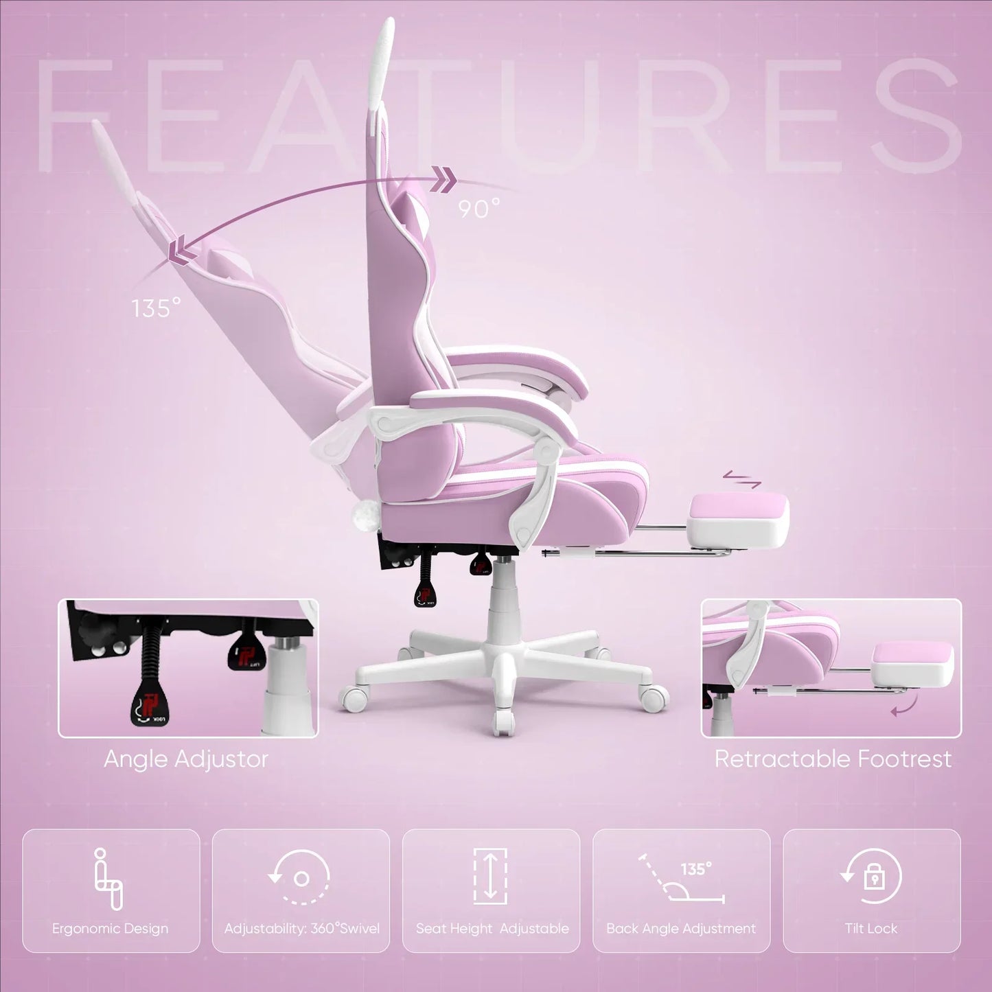 Pink ergonomic gaming chair with adjustable backrest up to 135°, retractable footrest, and white base