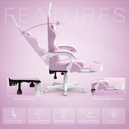 Pink ergonomic gaming chair with adjustable backrest up to 135°, retractable footrest, and white base