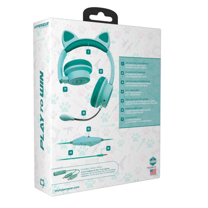 HyperGear cat ear gaming headset box showing features like adjustable headband, plush cushions, detachable mic, and volume control