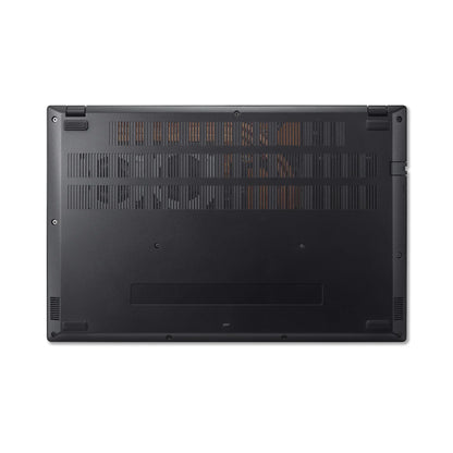 Bottom view of black gaming laptop showing ventilation grilles and screw mounts