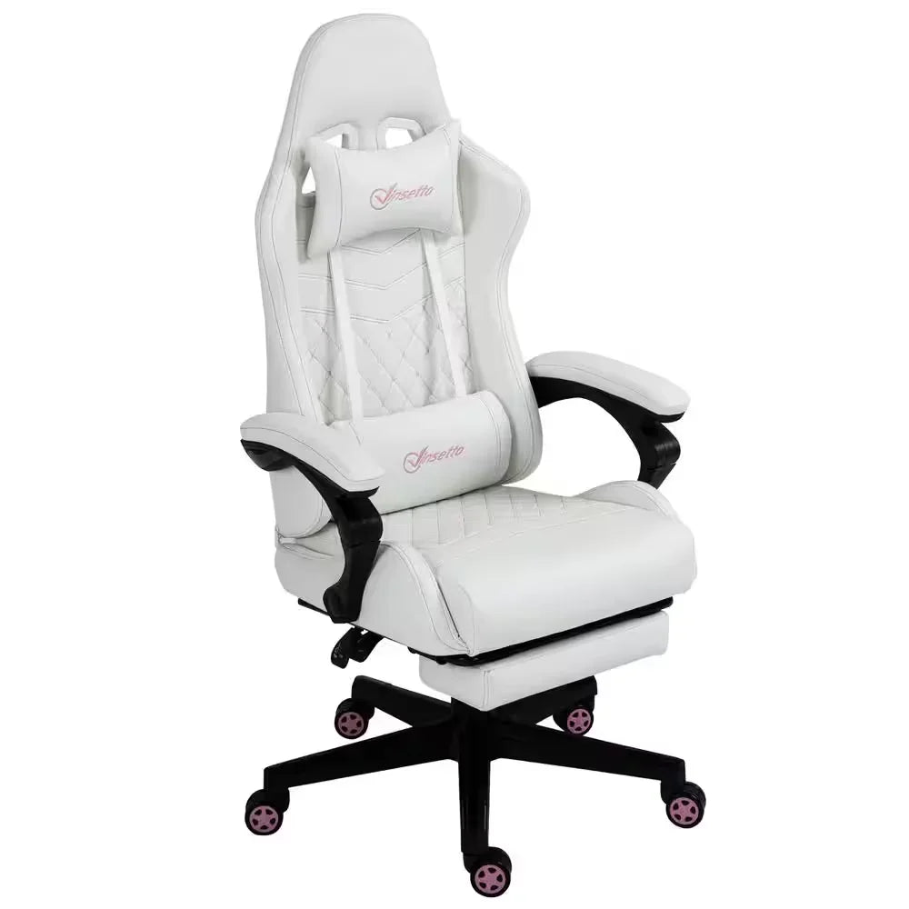White racing style gaming chair with adjustable armrests, lumbar and neck pillows, black base with pink caster wheels