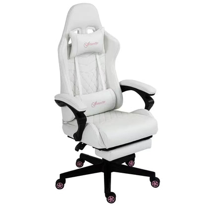 White racing style gaming chair with adjustable armrests, lumbar and neck pillows, black base with pink caster wheels