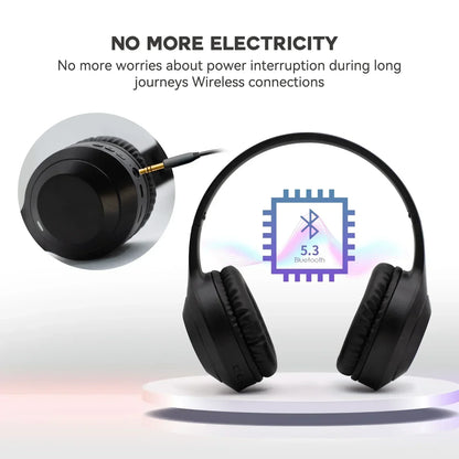 Black wireless Bluetooth 5.3 headphones with wired option shown on a modern display.