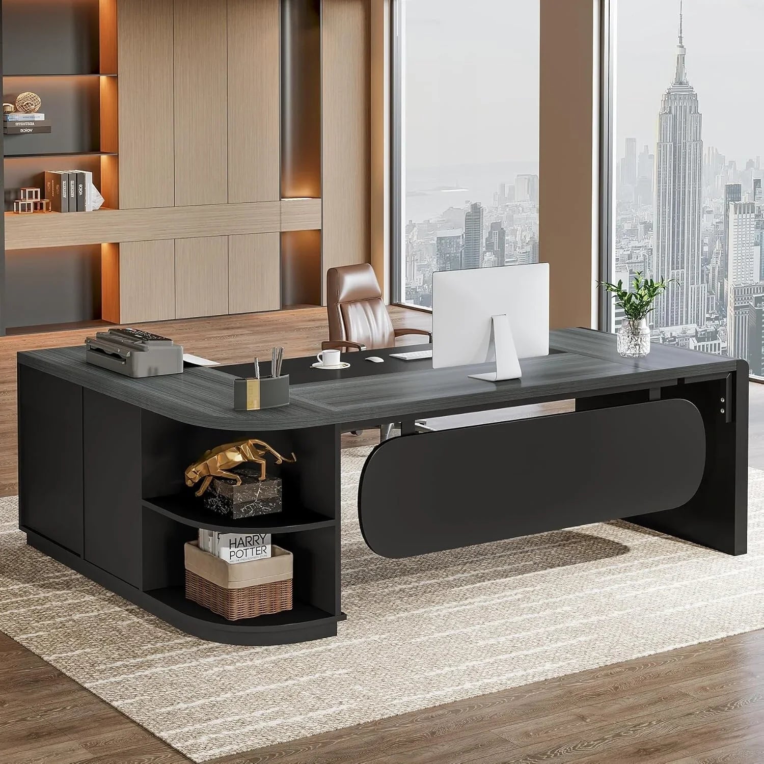 80 Inches Executive Desk, L-Shaped Office Desk with 55 Inches Cabine