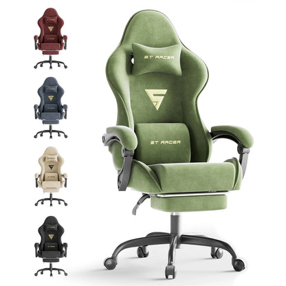 Green ST RACER gaming chair with lumbar support, shown with red, blue, beige, and black color options for ergonomic PC setup.