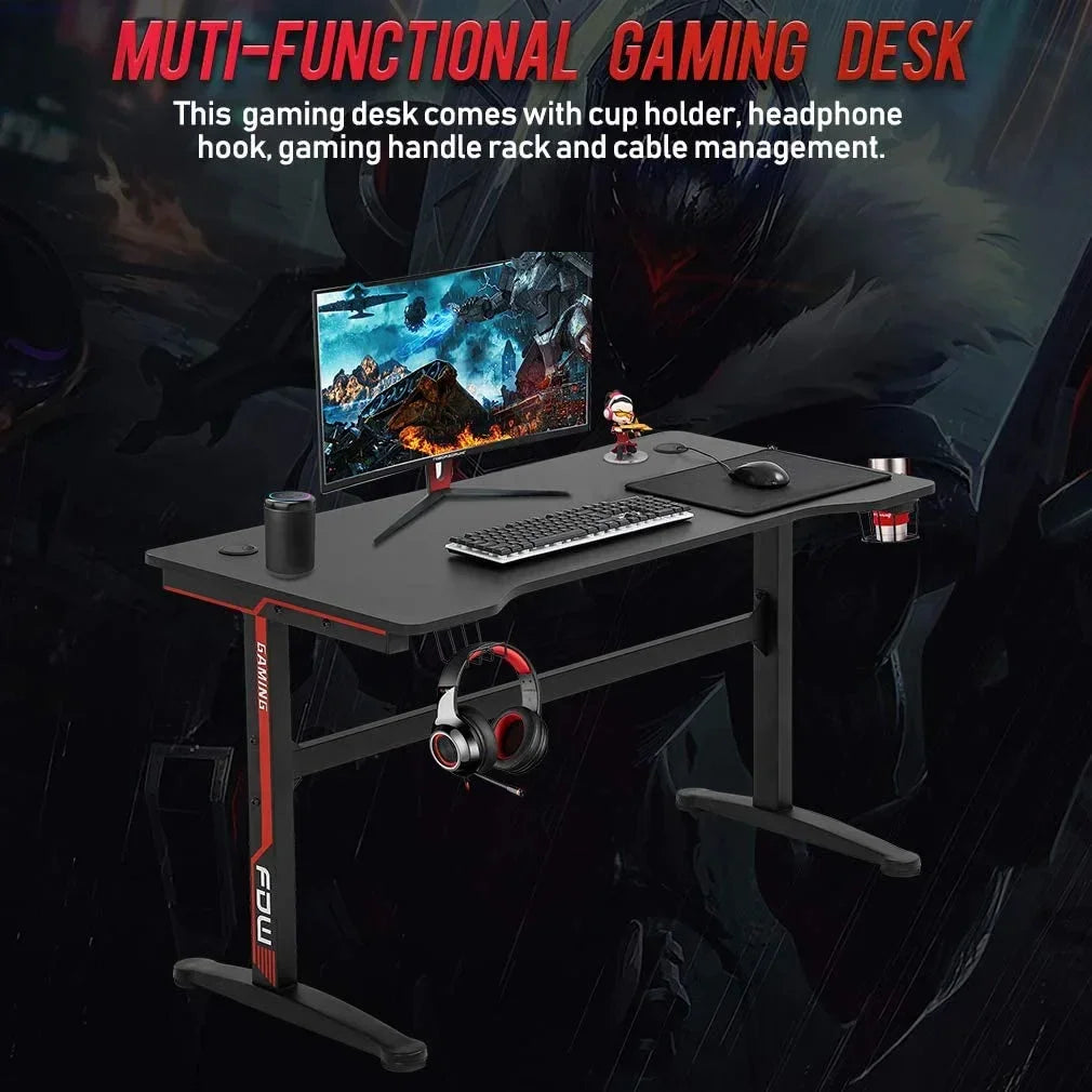Black multi-functional gaming desk with cup holder, headphone hook, monitor, keyboard, mouse, and cable management