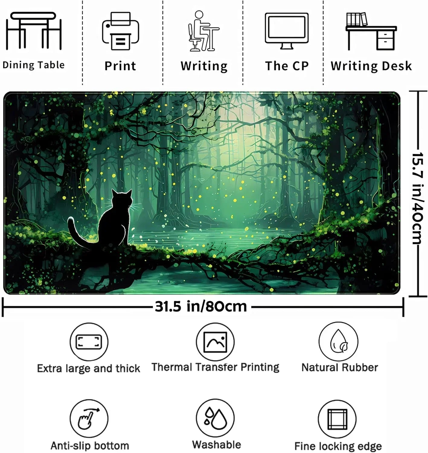 Extra-large gaming mouse pad 31.5x15.7 in with black cat silhouette on glowing forest design, anti-slip, washable