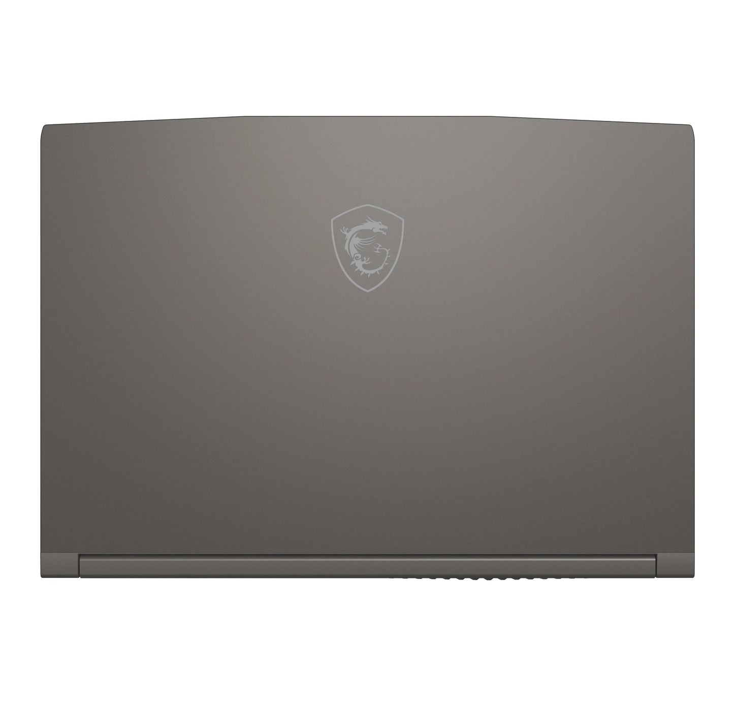 Closed silver gaming laptop with dragon logo on lid, viewed from above