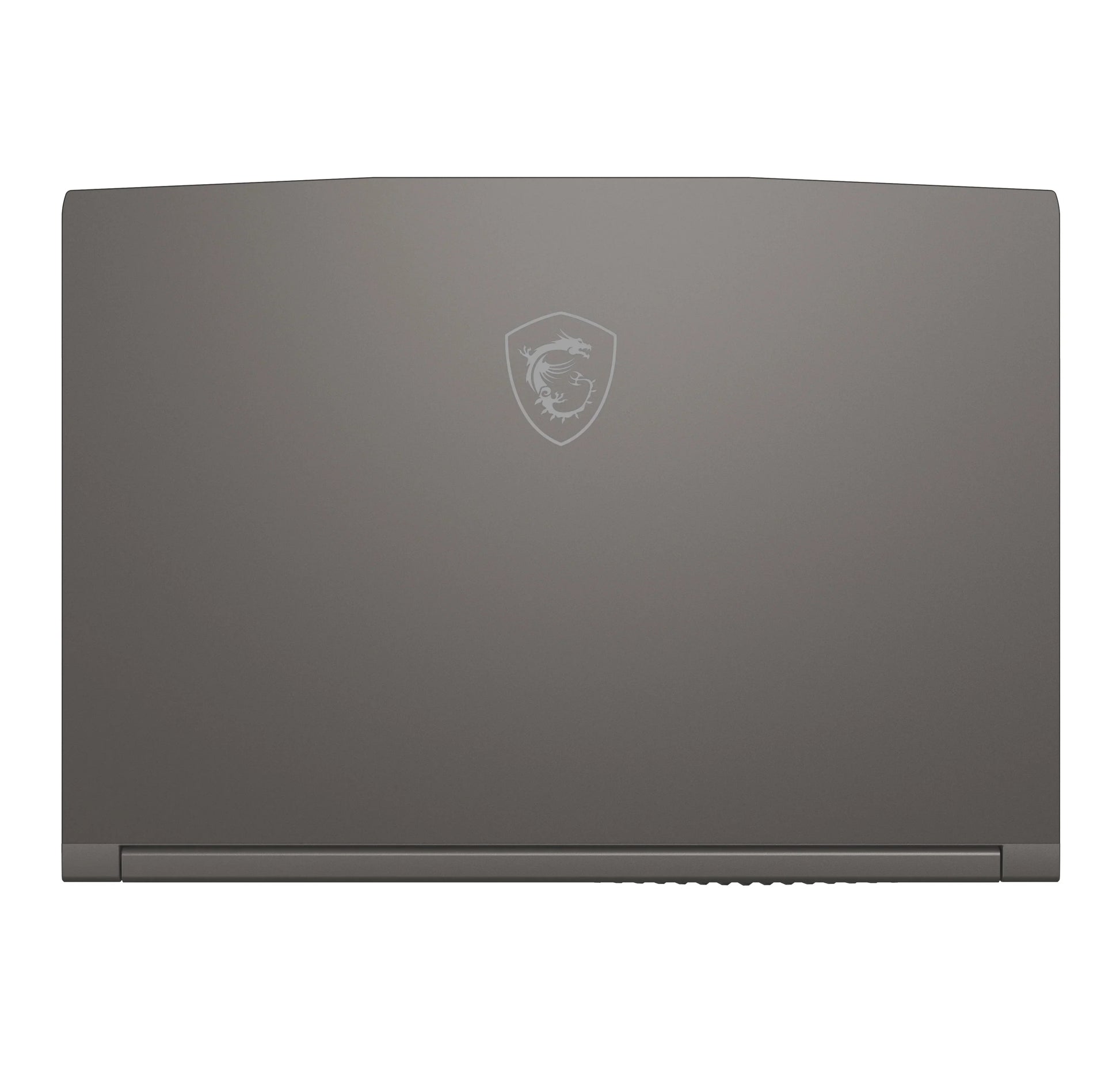 Closed silver gaming laptop with dragon logo on lid, viewed from above