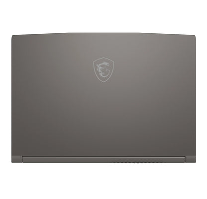 Closed silver gaming laptop with dragon logo on lid, viewed from above