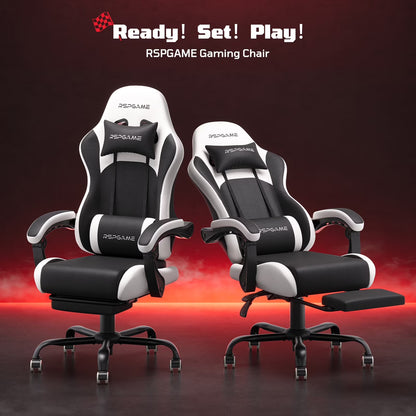 RSPGAME black and white gaming chairs with lumbar support and footrest, ready for play