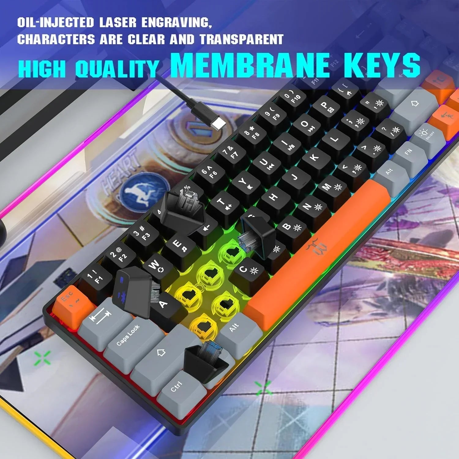 RGB gaming keyboard with membrane keys, colorful keycaps, and laser-engraved characters