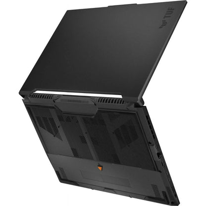 Slim black gaming laptop partially open with TUF logo, rear cooling vents visible