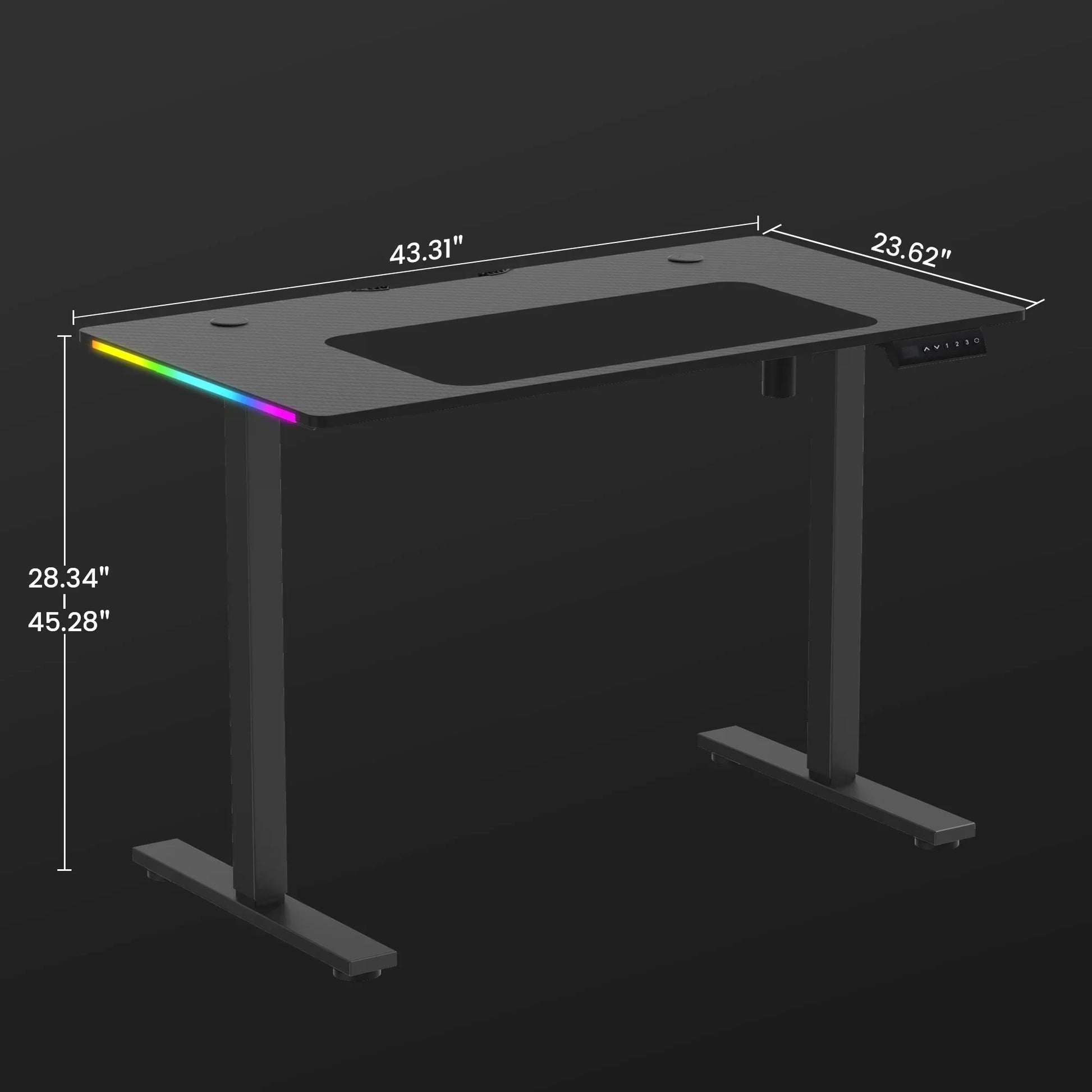 Adjustable black standing desk with RGB lighting strip and electronic control panel