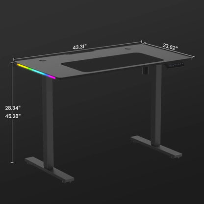 Adjustable black standing desk with RGB lighting strip and electronic control panel