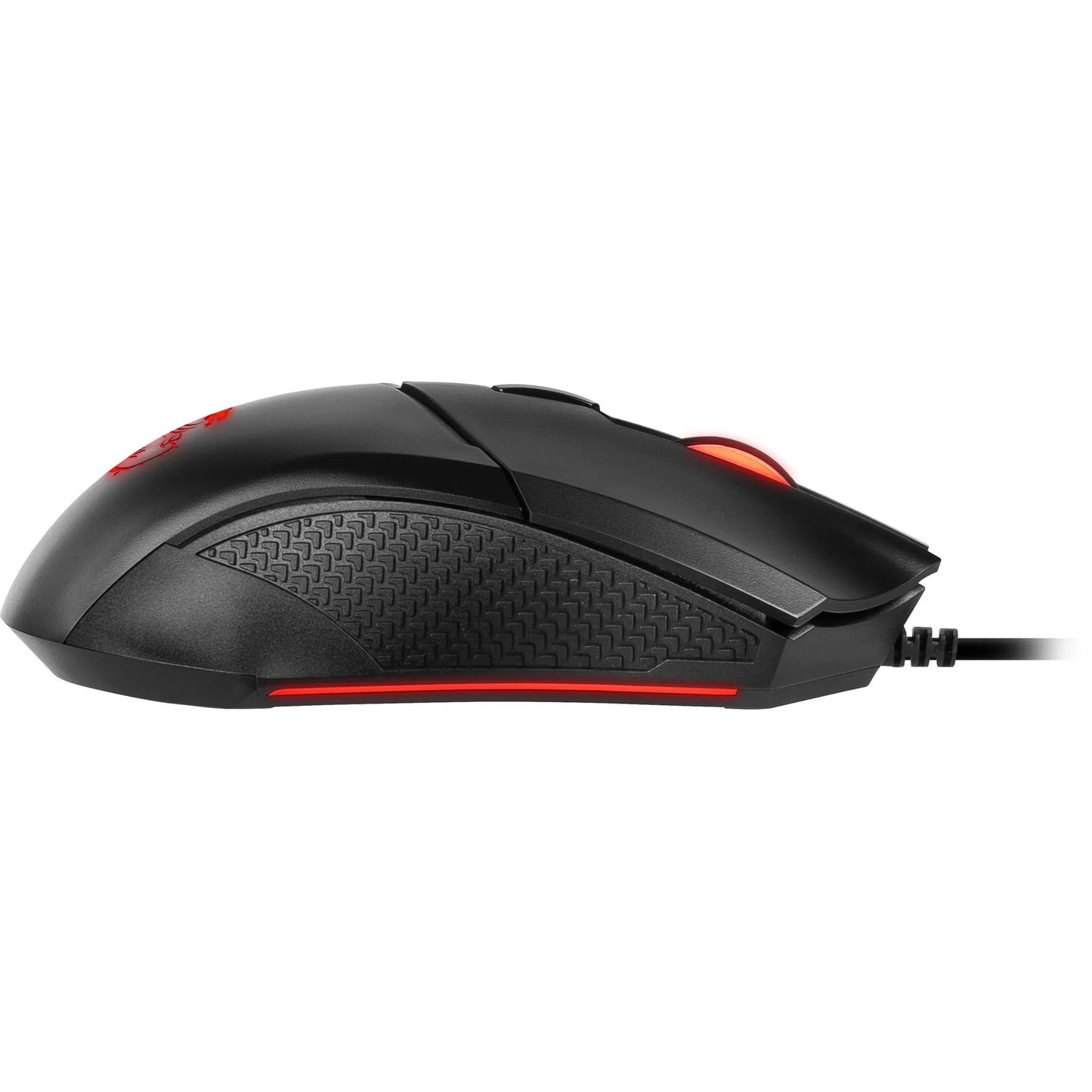 Black wired gaming mouse with textured grip and red RGB lighting on scroll wheel and base