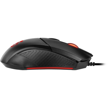 Black wired gaming mouse with textured grip and red RGB lighting on scroll wheel and base