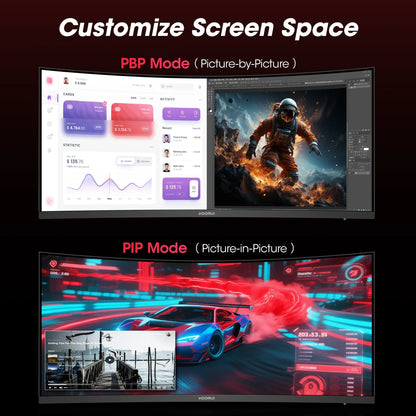 Koorui ultra-wide curved monitor showing PBP mode with finance dashboard and astronaut image, and PIP mode with racing game and video playback