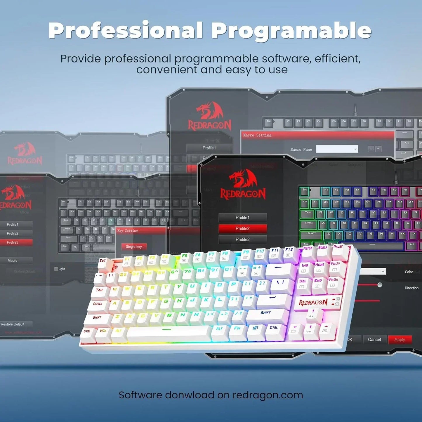 Redragon RGB gaming keyboard with professional programmable software interface, modern setup