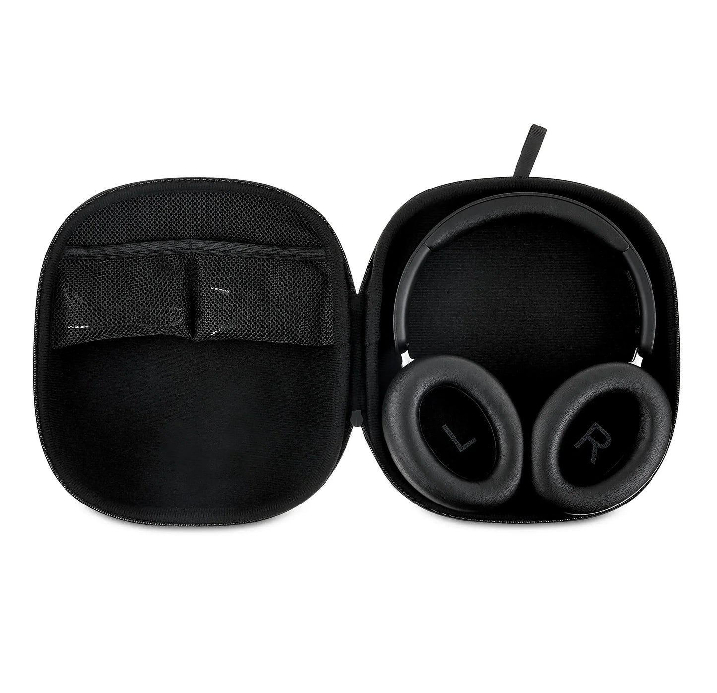 Over-ear gaming headset in black travel case with mesh pockets, ideal for gamers