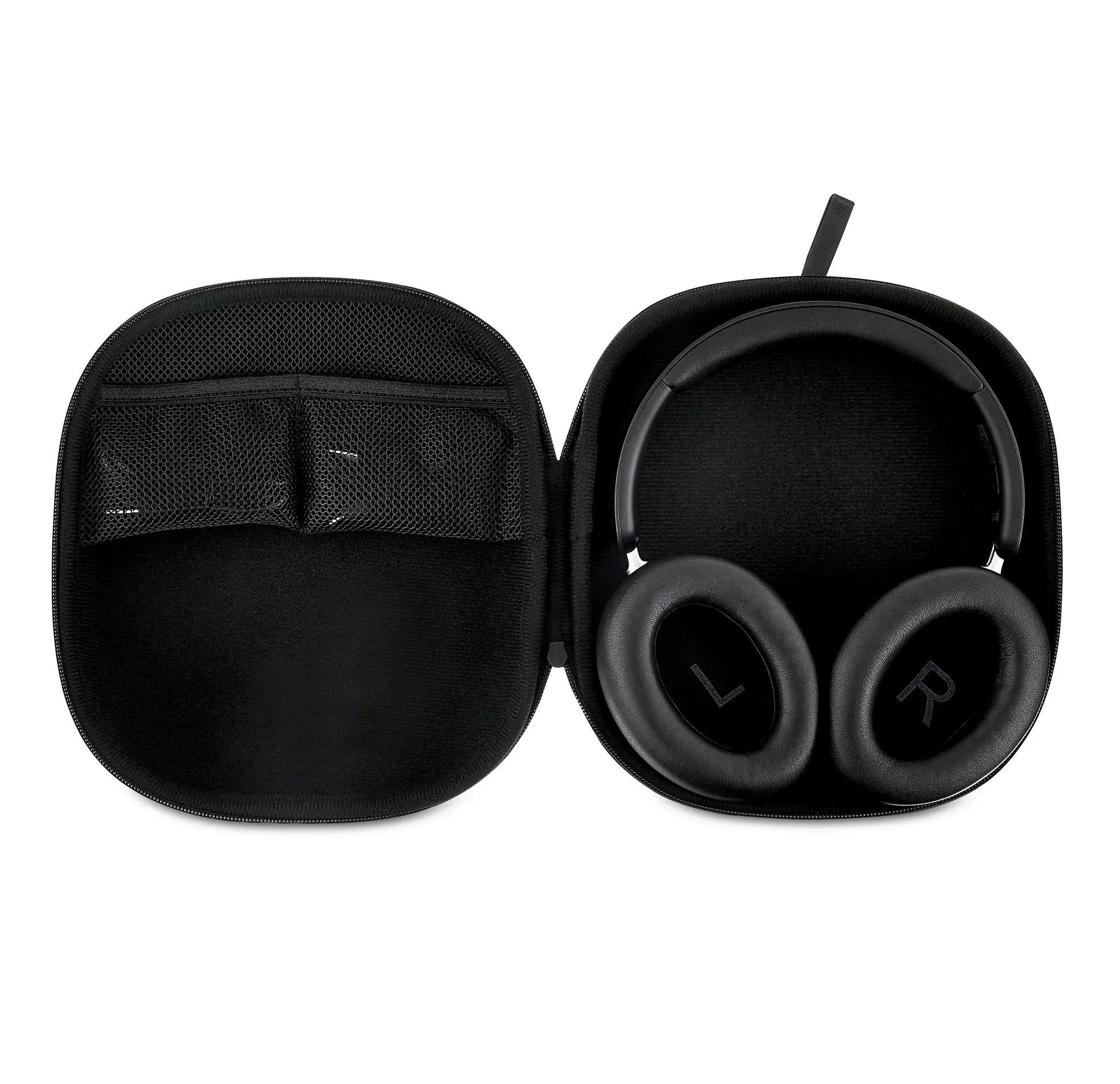 Over-ear gaming headset in black travel case with mesh pockets, ideal for gamers